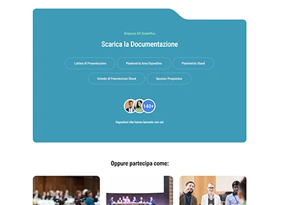 Download Documentazione – Simposio AFI Screenshot della pagina download del Simposio AFI con grafica a forma di cartella, contenente link e documenti scaricabili.