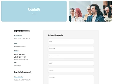 Pagina Contatti – Sito Simposio AFI Screenshot della pagina Contatti del sito Simposio AFI, con moduli Avada e informazioni di segreteria scientifica e organizzativa.