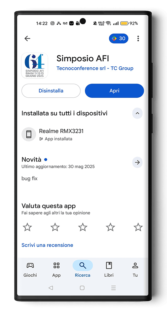 Mockup di un Samsung Galaxy S23 che mostra la pagina dell’app Simposio AFI Scientifica sul Google Play Store.