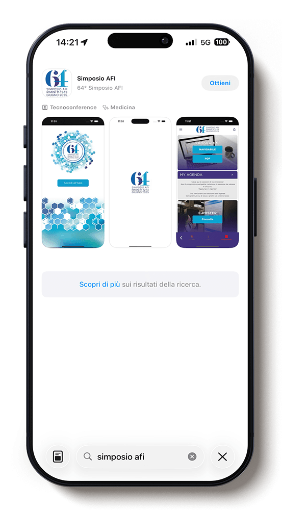 Mockup di un iPhone 17 che mostra la pagina dell’app Simposio AFI Scientifica sull’Apple App Store.